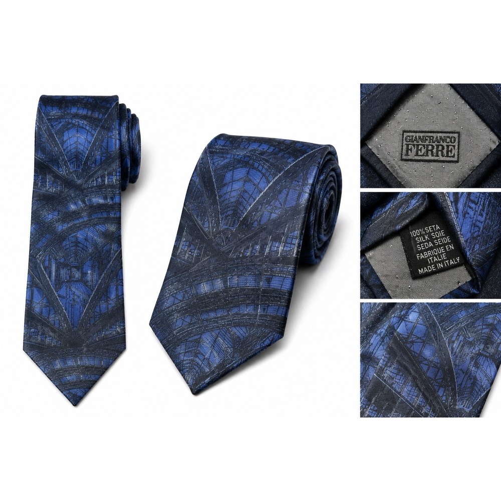 GIANFRANCO FERRE 100% Silk Thai Made In Italy Architectural Print Blue Design